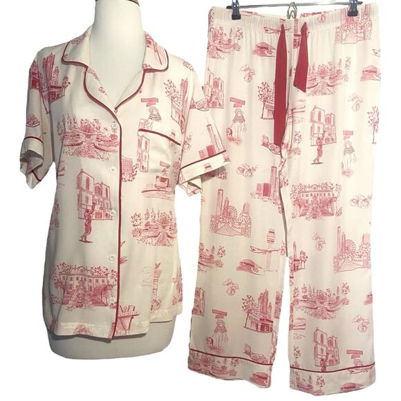 Katie Kime Atlanta Toile Pajama Pants Lounge Set Size M White Red Short Sleeve - Picture 13 of 13